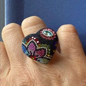 Mexican Folk Heart-Shaped Multicolor Statement Ring